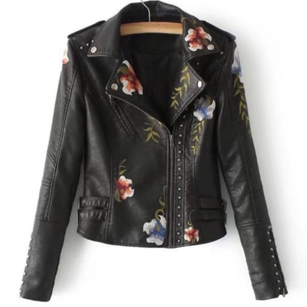 Floral Faux Leather Moto Jacket XL